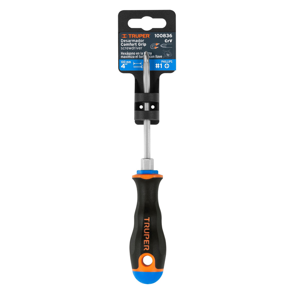 Desarmador de cruz 3/16' x 4' mango Comfort Grip, Truper Caja con 6, 100836