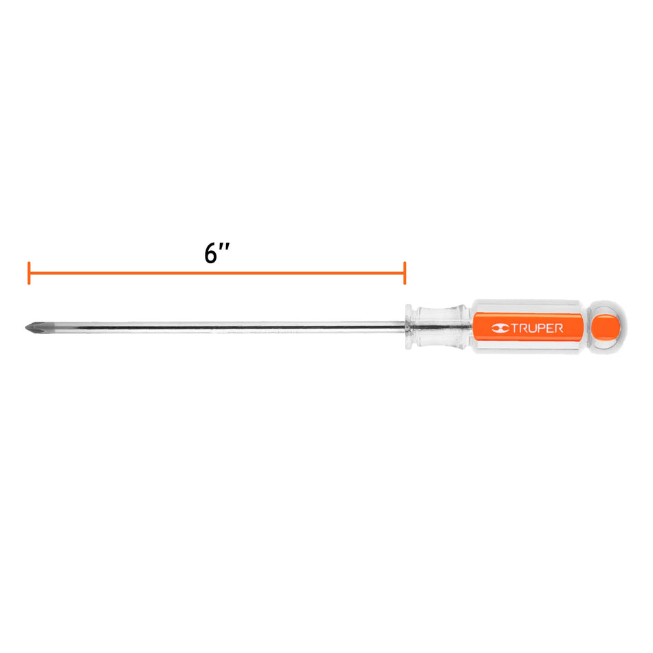 Desarmador de cruz 3/16' x 6' mango de acetato, Truper Caja con 6, 14065