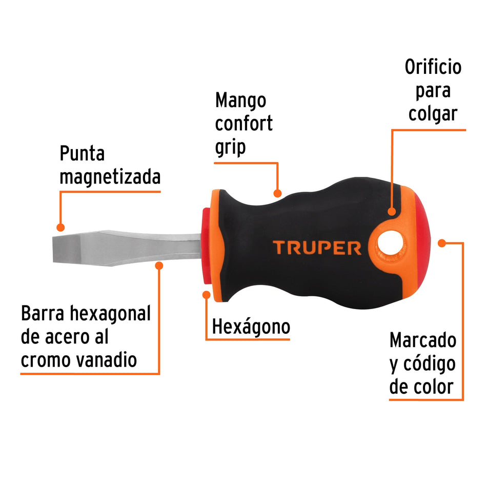 Desarmador plano 1/4' x 1-1/2' mango Comfort Grip, Truper Caja con 6, 14003
