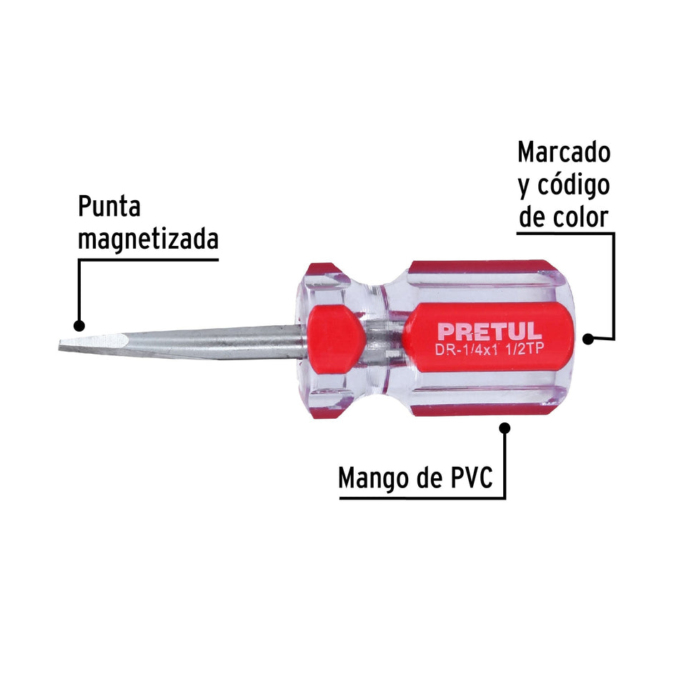Desarmador plano 1/4 x 1-1/2' mango de PVC, Pretul Caja con 6, 21461