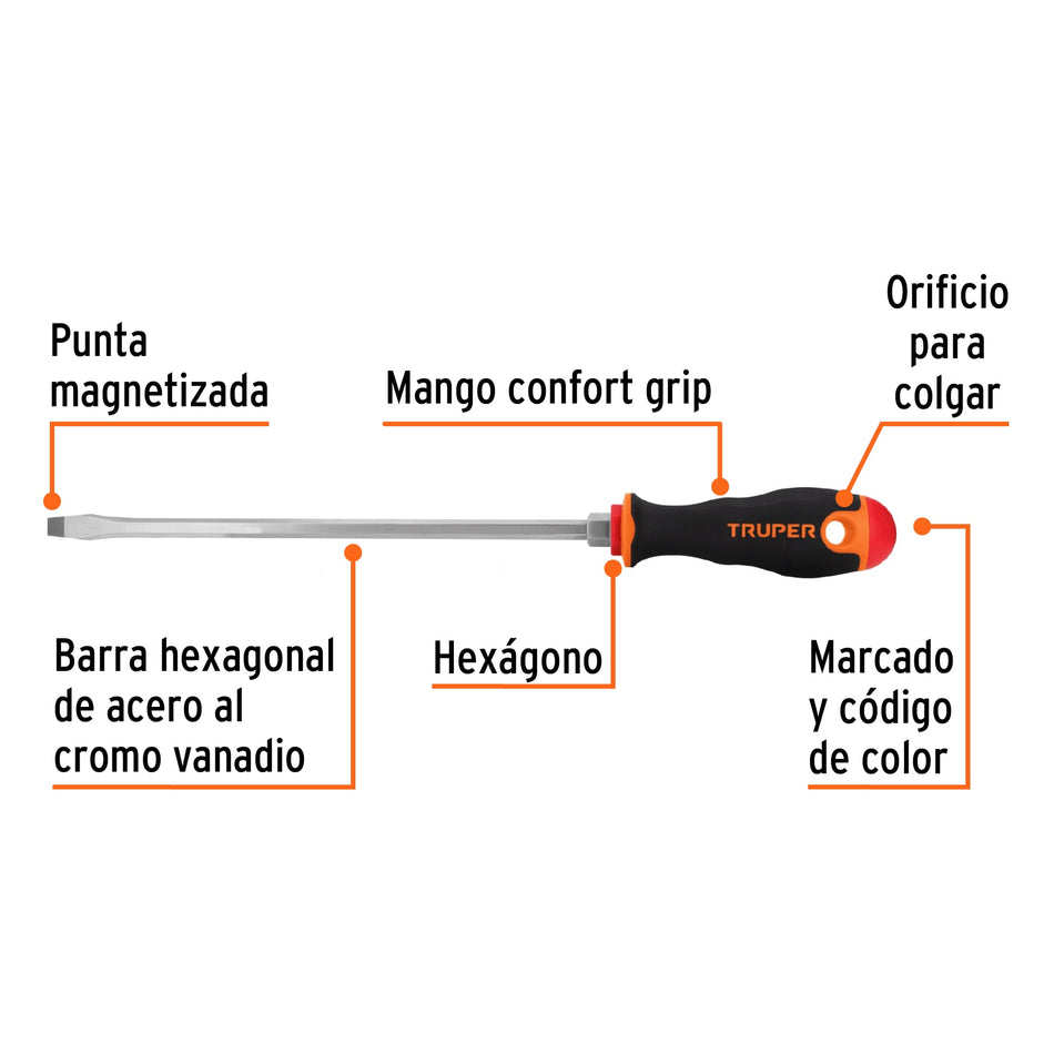 Desarmador plano 5/16' x 10' mango Comfort Grip, Truper Caja con 6, 18546