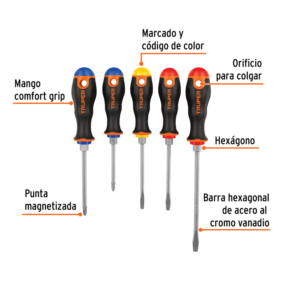 Juego de 5 desarmadores mango Comfort Grip, Truper Caja con 6, 14138
