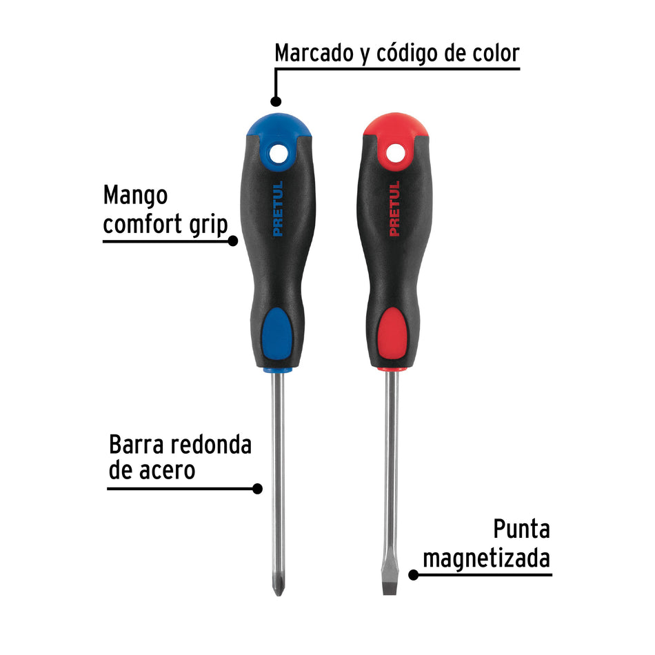 Dúo de desarmadores 1/4' x 4' mango Comfort Grip, Pretul Caja con 6, 20215