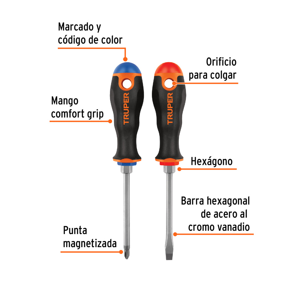 Dúo de desarmadores 1/4' x 4' mango Comfort Grip, Truper Caja con 6, 19622