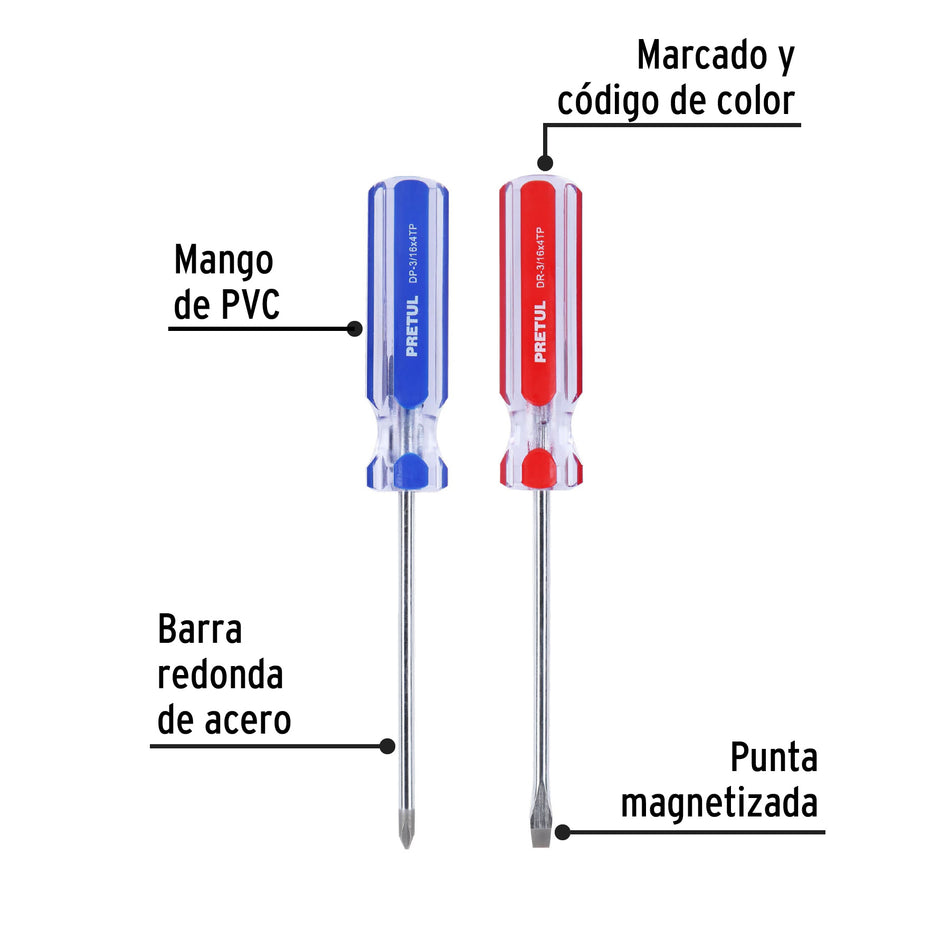 Dúo de desarmadores 3/16 x 4' mango de PVC, Pretul Caja con 6, 20211