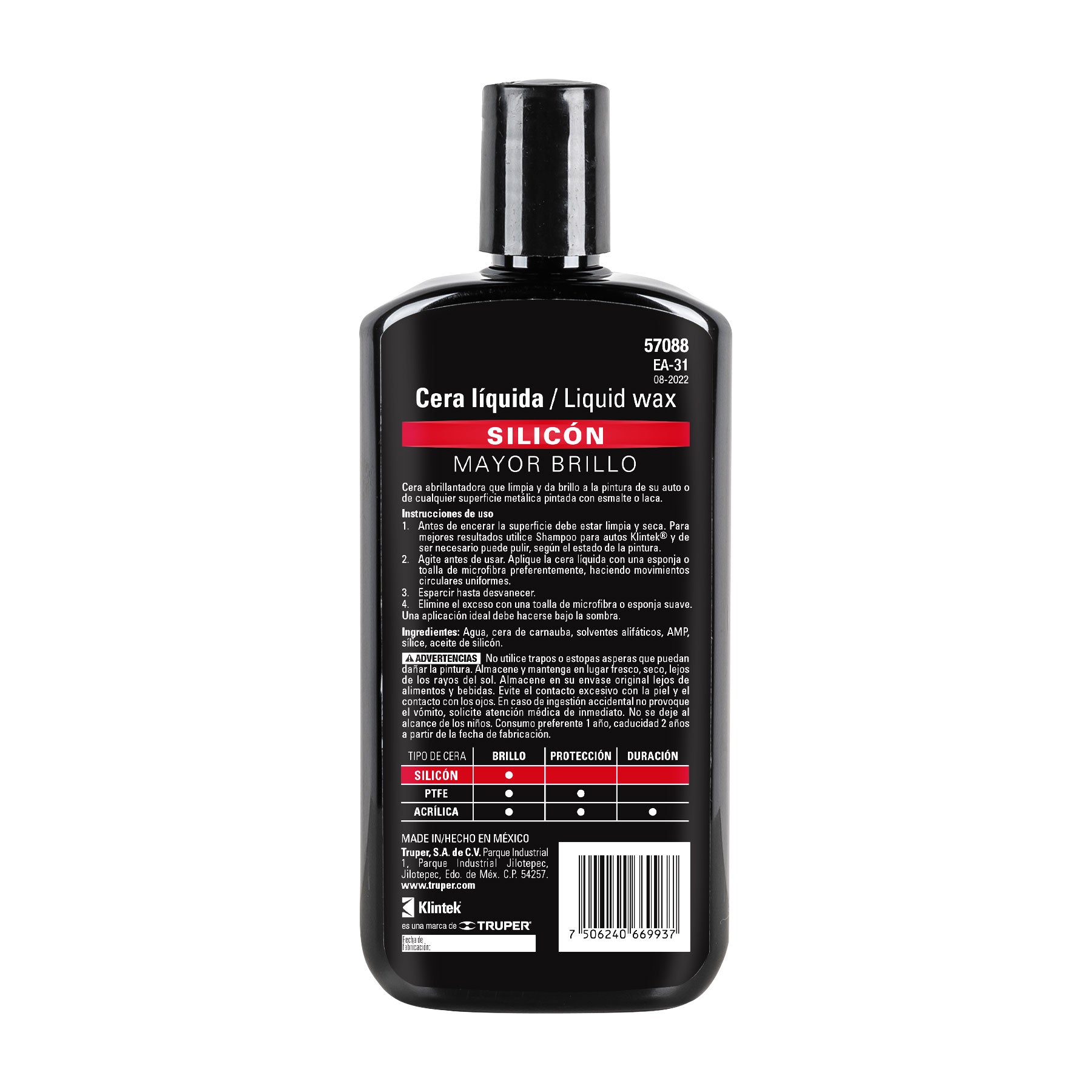 Cera líquida de silicón para auto, 473 ml, Klintek, 57088