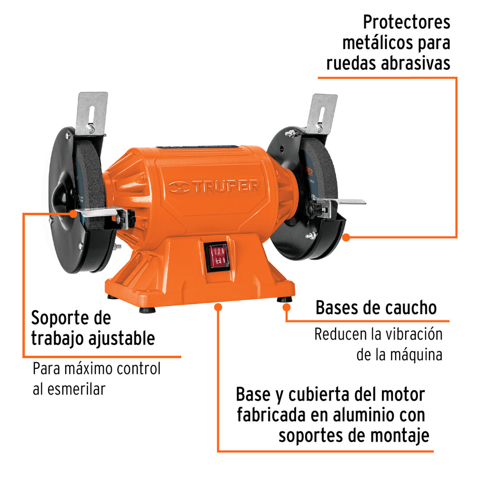 Esmeril de banco de 6' de 1/2 HP (370 W), Truper, 12785