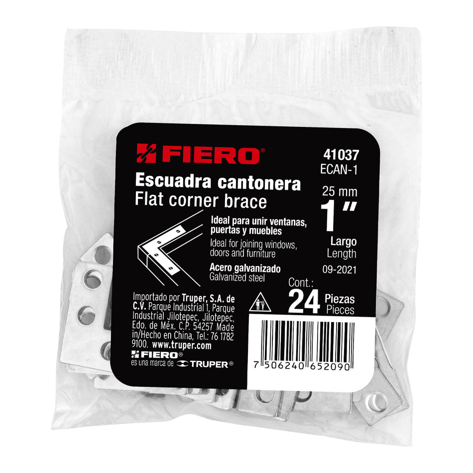 Bolsa c/24 escuadras planas cantoneras 1' x 1', Fiero Caja con 6, 41037