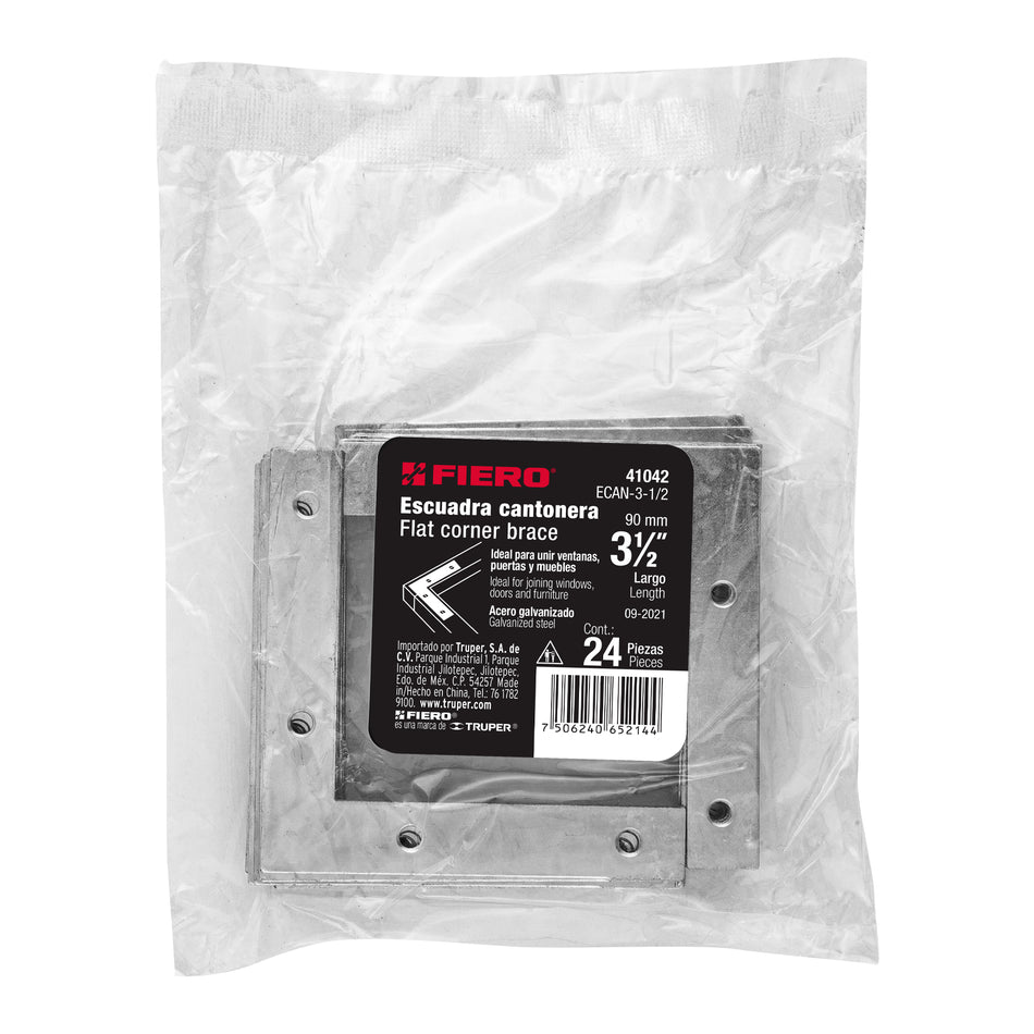Bolsa c/24 escuadras planas cantoneras 3-1/2'x3-1/2', Fiero Caja con 6, 41042