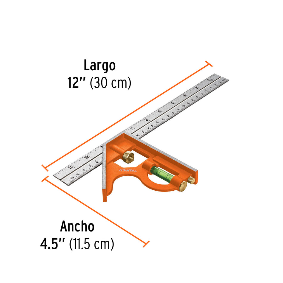 Escuadra 12' de combinación con punzón para marcar, Truper Caja con 6, 14380