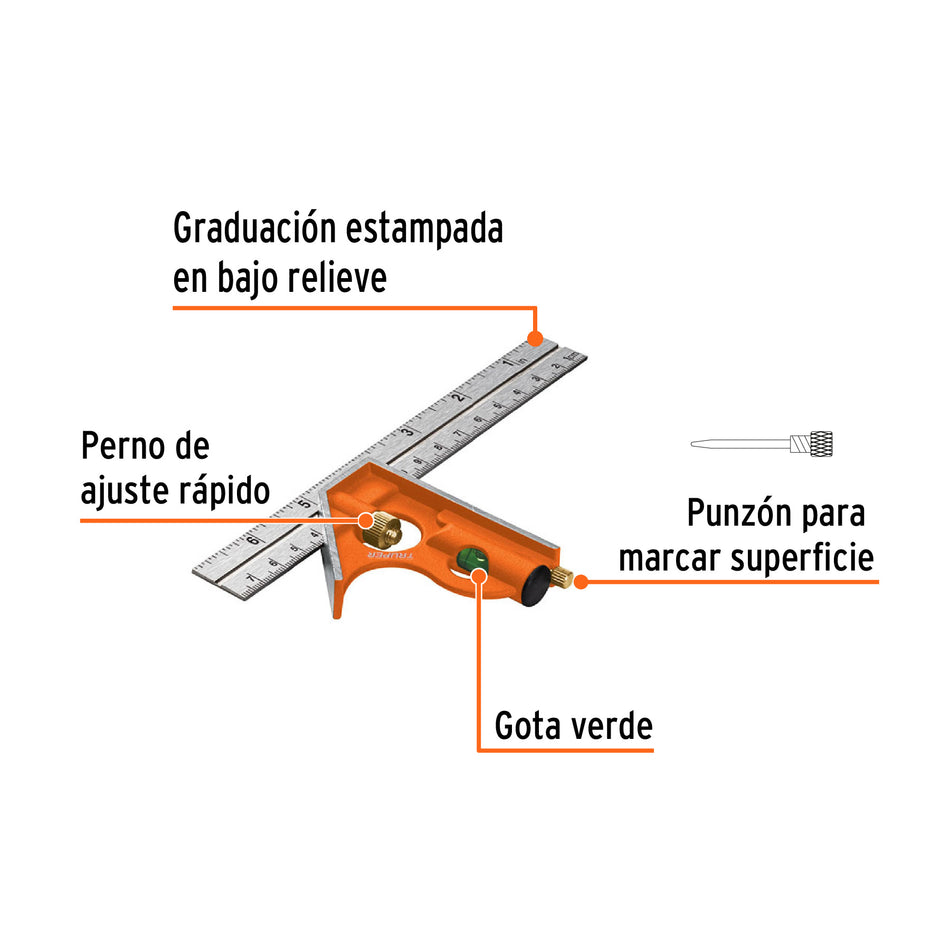 Escuadra 7' de combinación con punzón para marcar, Truper Caja con 6, 14369