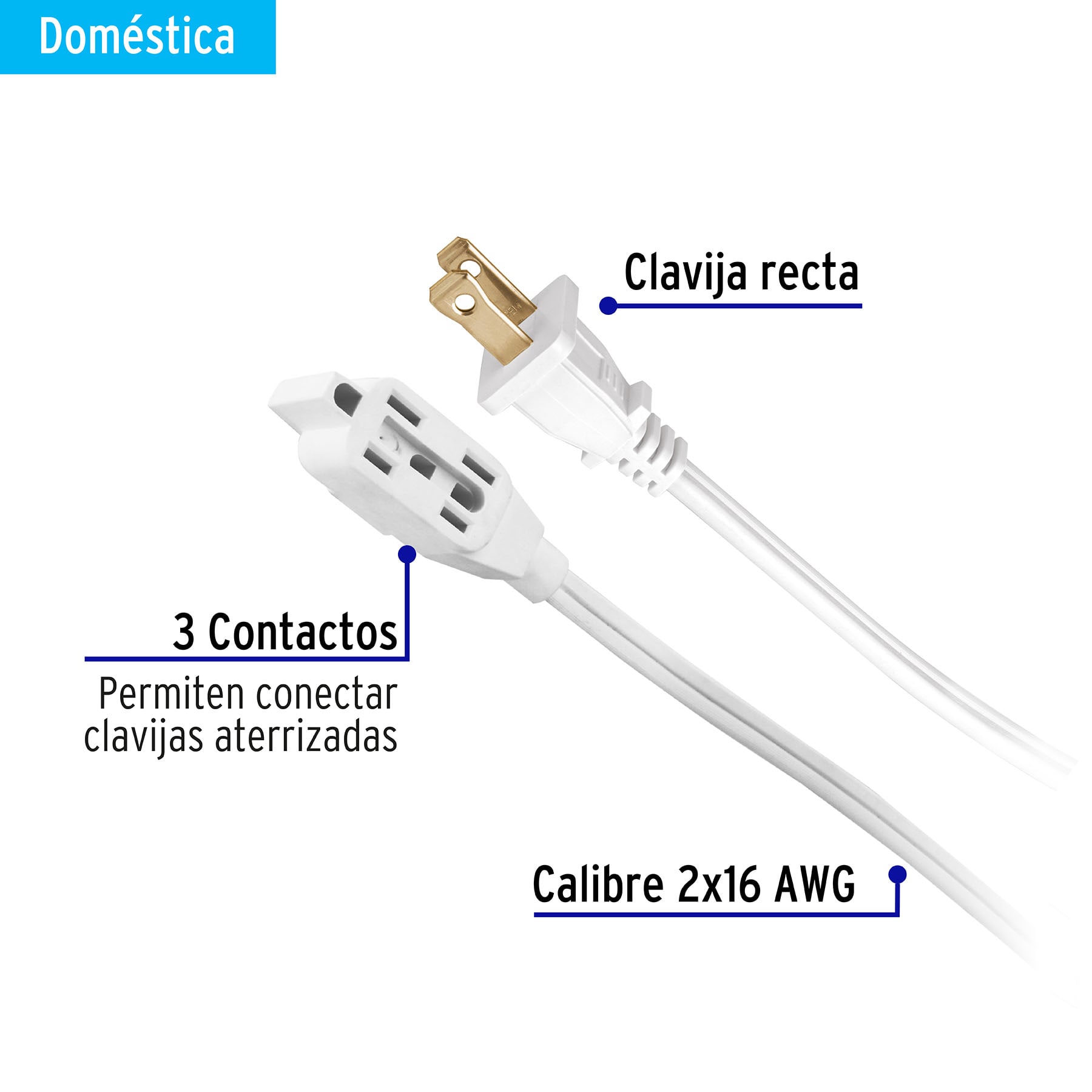 Extensión eléctrica doméstica 10 m clavija recta, blanca, 40157