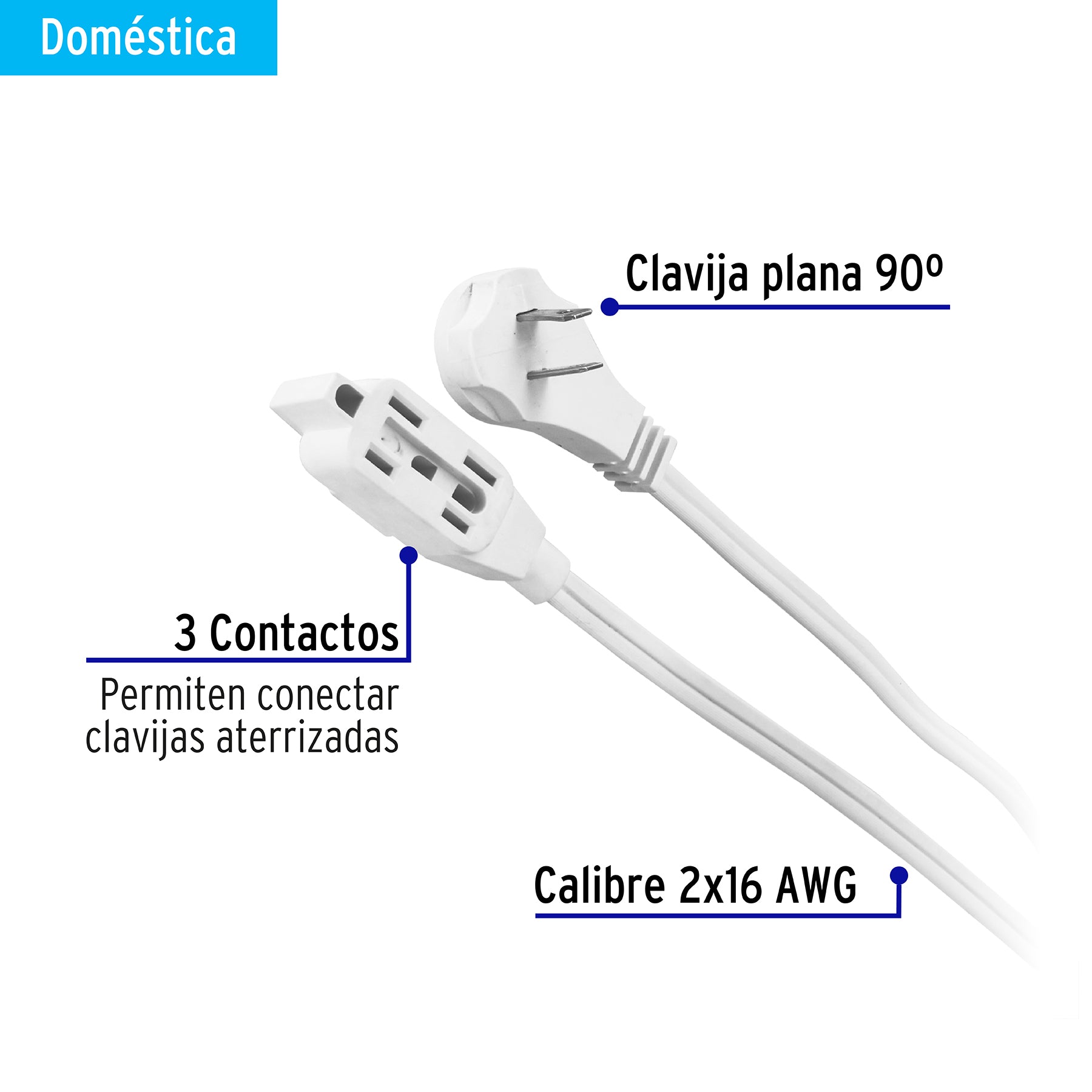 Extensión eléctrica doméstica 10 m clavija plana, blanca, 48036