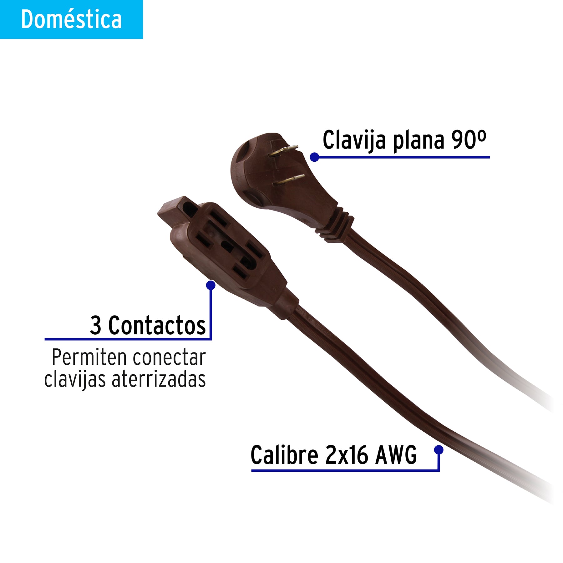 Extensión eléctrica doméstica 10 m clavija plana, café, 48037