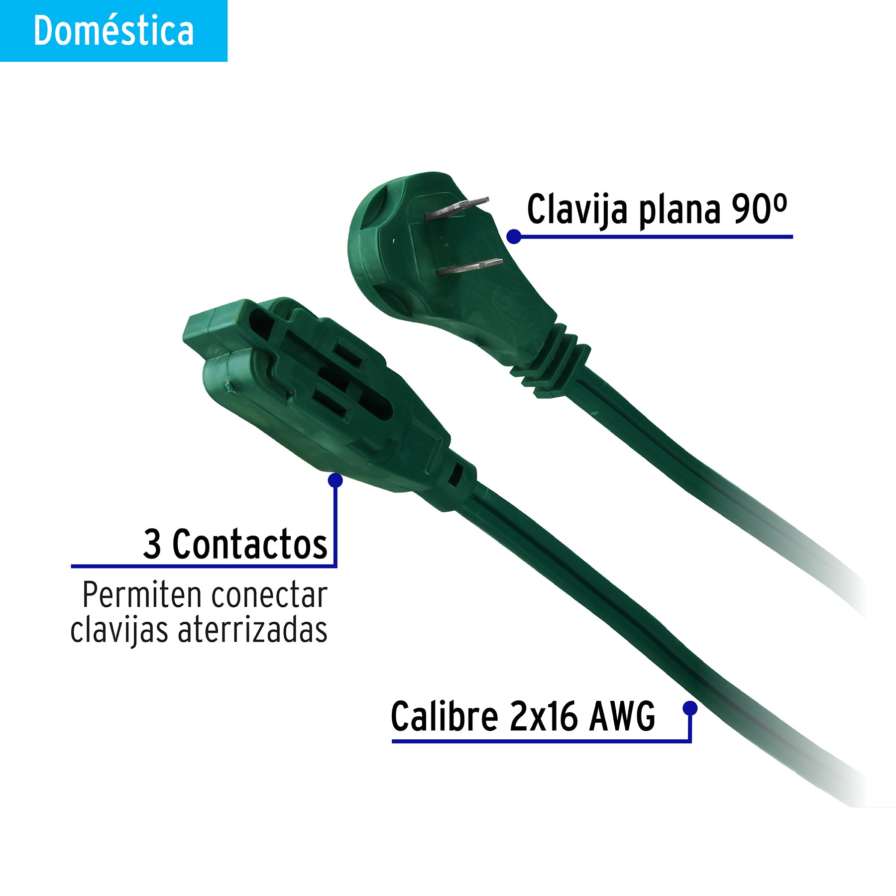 Extensión eléctrica doméstica 10 m clavija plana, verde, 48038