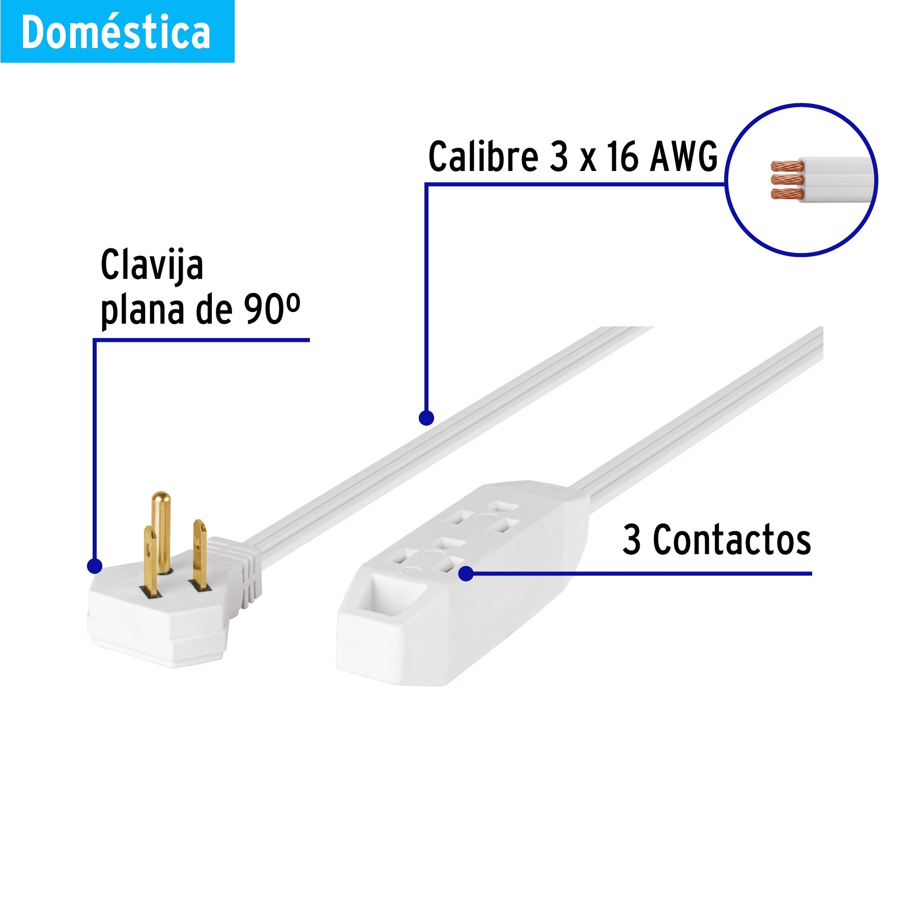 Extensión doméstica aterrizada 10 m blanca con clavija plana, 49573