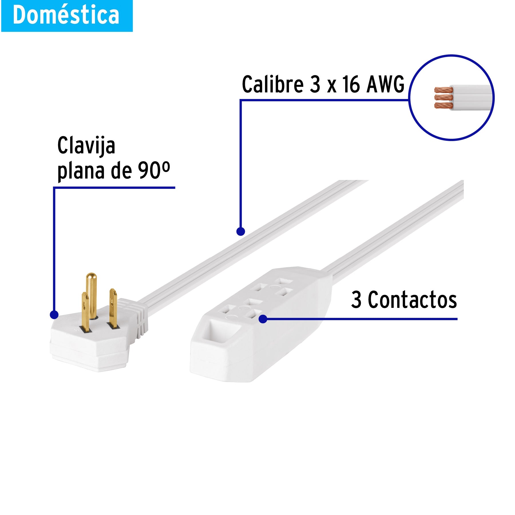 Extensión doméstica aterrizada 2 m blanca con clavija plana, 46987