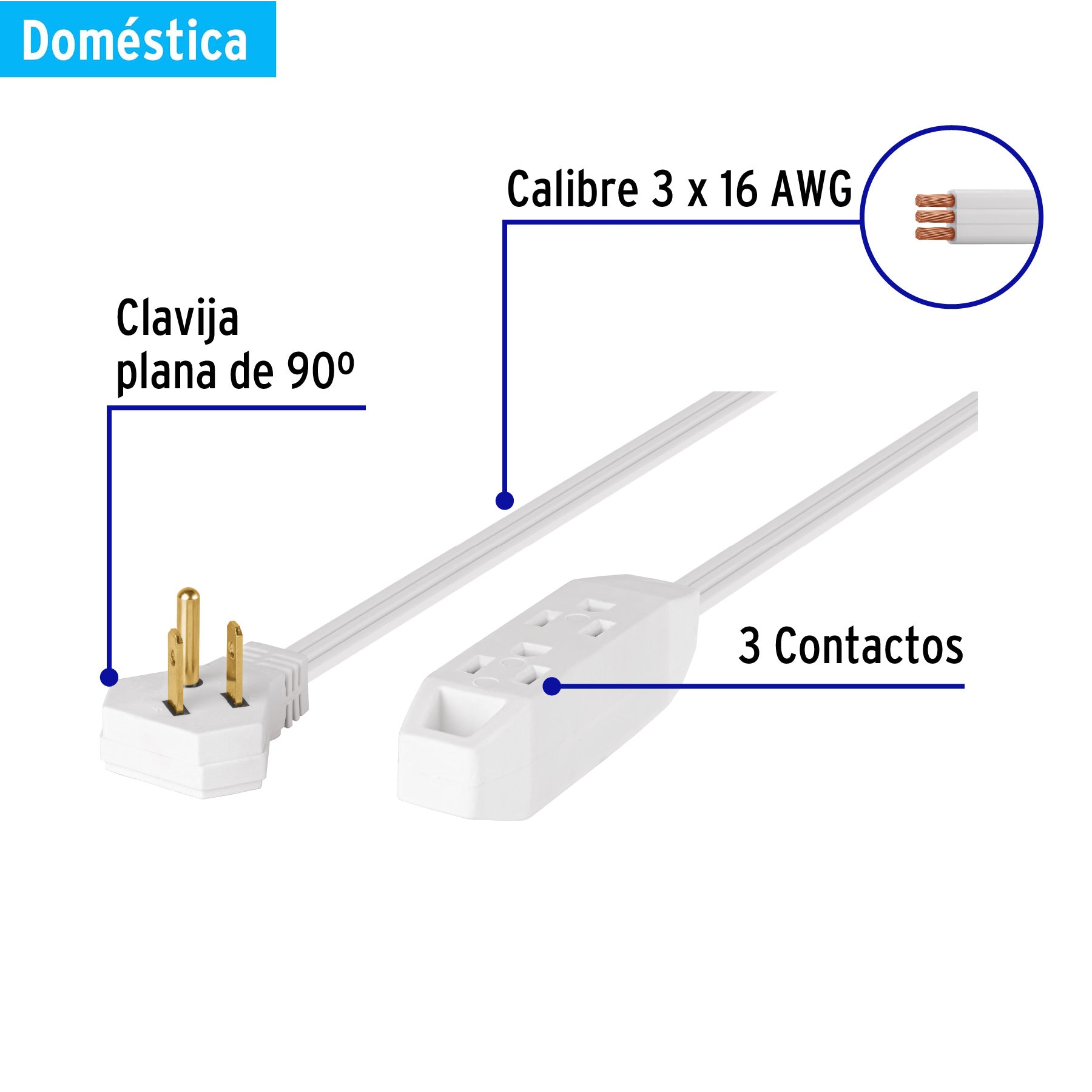 Extensión doméstica aterrizada 5 m blanca con clavija plana, 46989