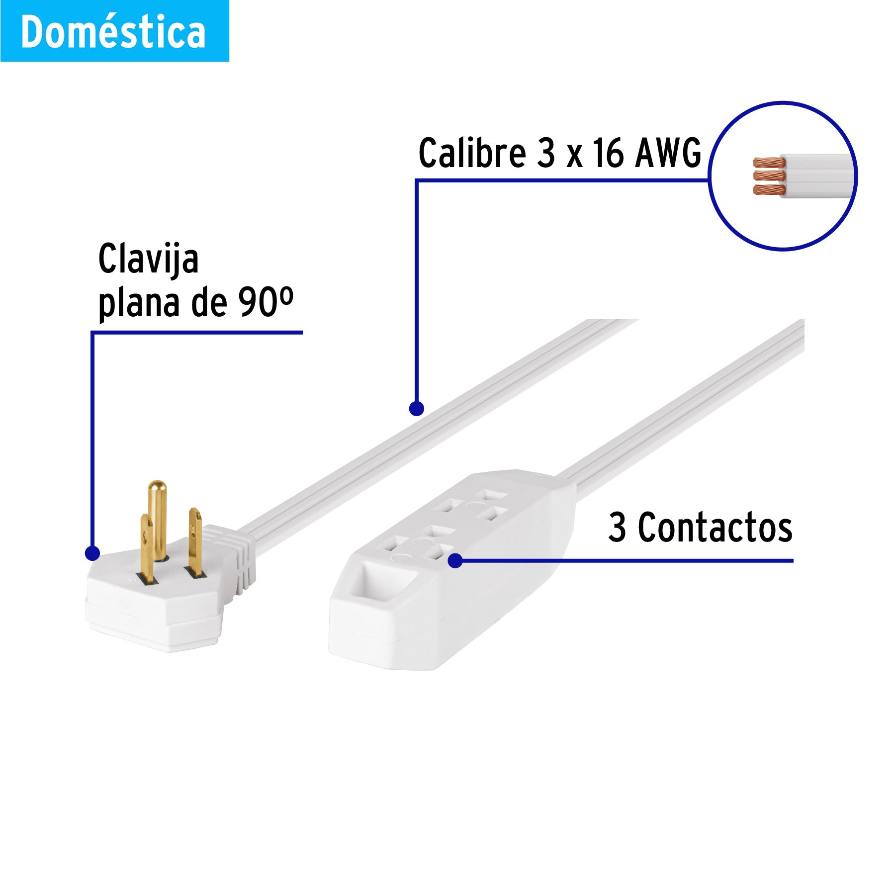 Extensión doméstica aterrizada 8 m blanca con clavija plana, 49572