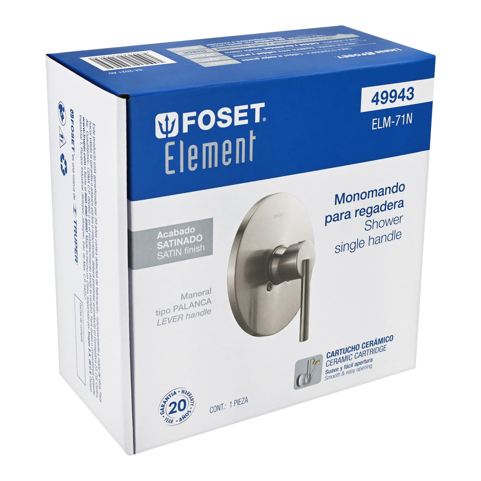 Monomando satín para regadera sin desviador, Foset, 49943