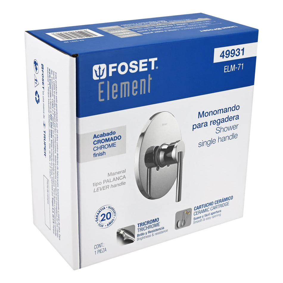 Monomando cromo para regadera sin desviador, Foset, 49931