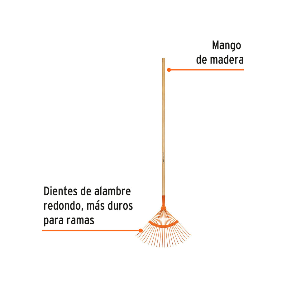 Escoba metálica p/jardín curva,22 dientes redondos,mango 48' Caja con 6, 14324