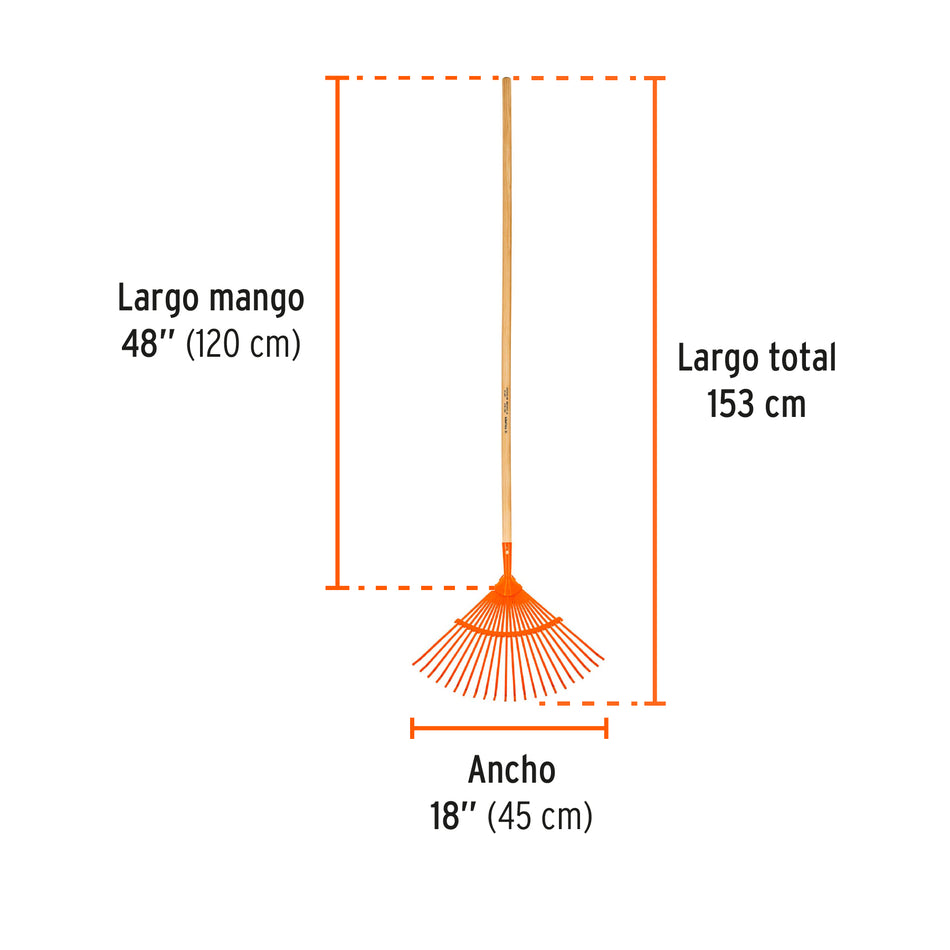 Escoba metálica para jardín, curva, 22 dientes, mango 48' Caja con 6, 14322