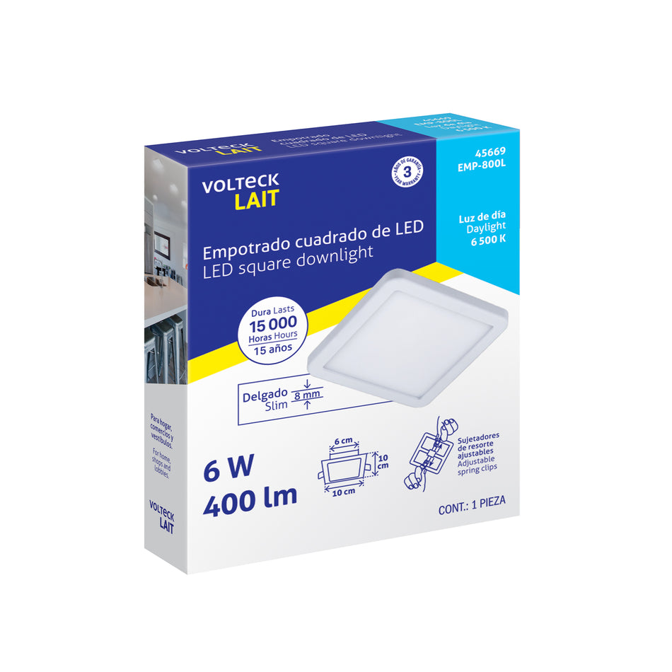Luminario LED empotrable ajustable 6 W, cuadrado, luz de día Caja con 4, 45669