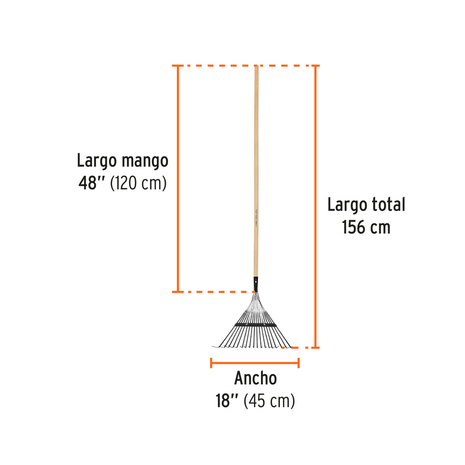 Escoba metálica para jardín, recta, 18 dientes, mango 48' Caja con 6, 14326