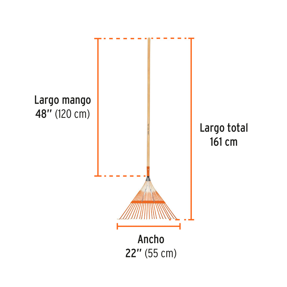Escoba metálica para jardín,recta, 22 dientes, mango 48' Caja con 6, 14328