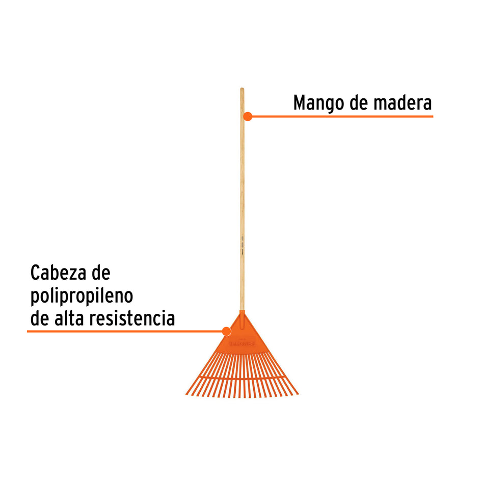 Escoba plástica para jardín, flexible, 22 dientes, mango 48' Caja con 6, 19785