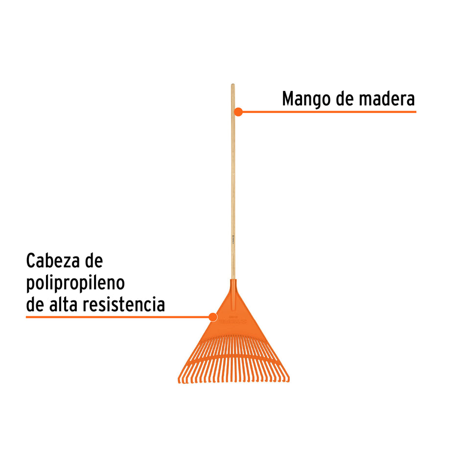 Escoba plástica para jardín, rígida, 26 dientes, mango 48' Caja con 6, 19788