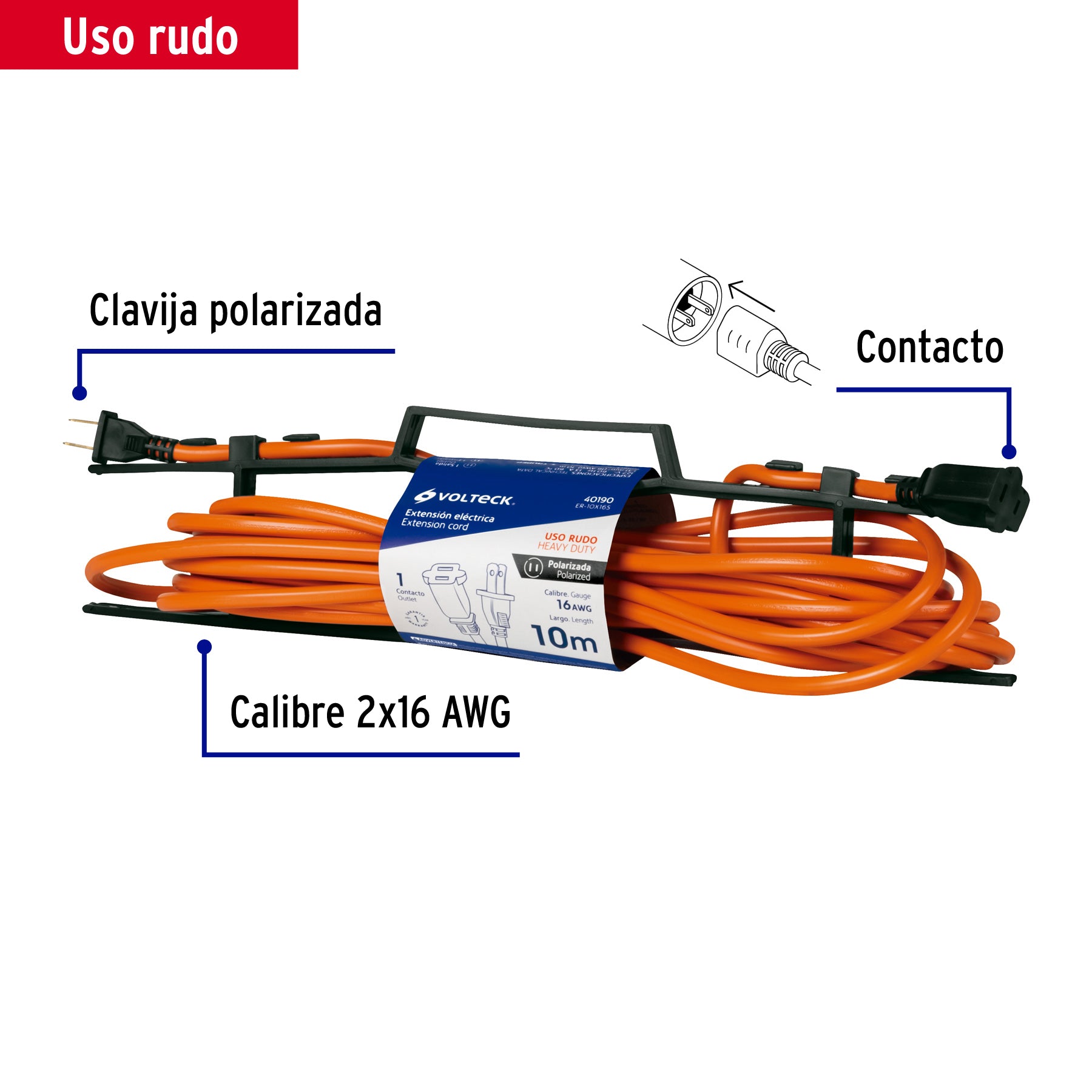 Extensión eléctrica uso rudo 10 m 2x16 AWG para 1 clavija, 40190