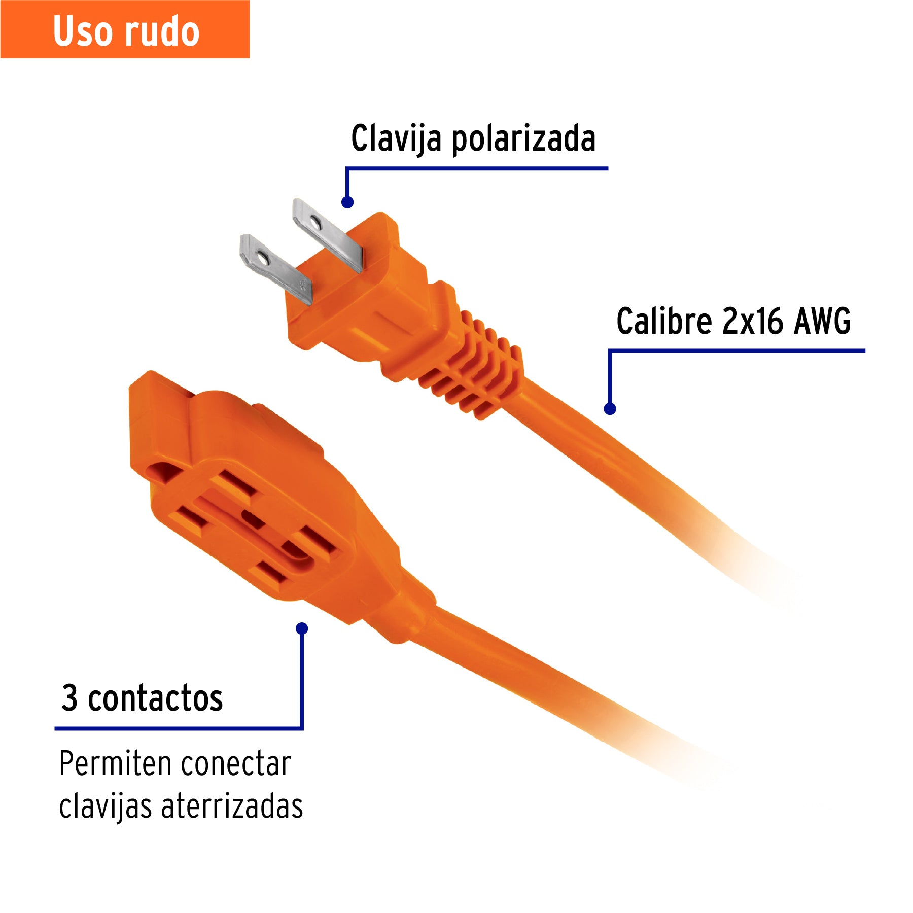 Extensión eléctrica de uso rudo 10 m 2x16 AWG, Volteck, 48046