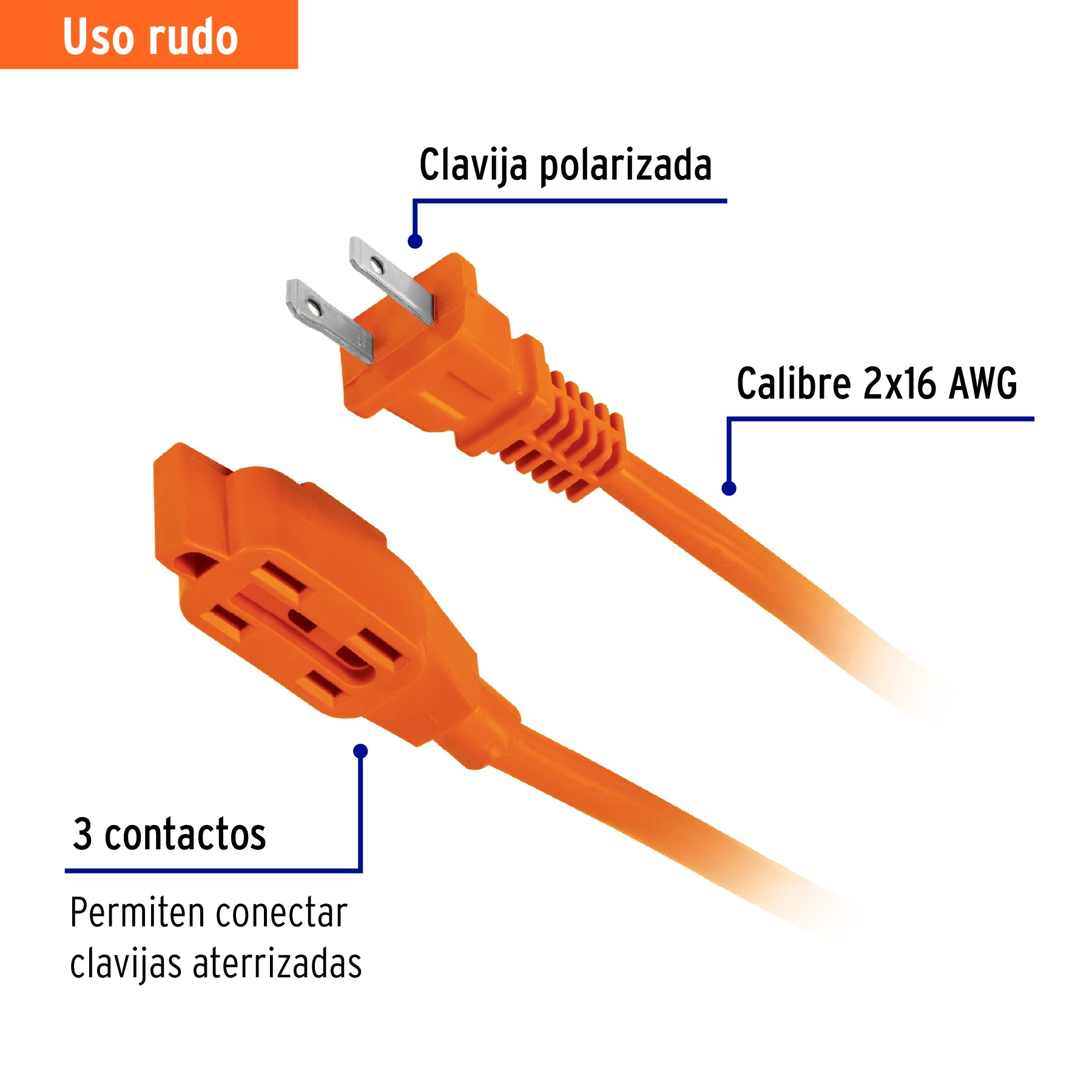 Extensión eléctrica de uso rudo 12 m 2x16 AWG, Volteck, 48047