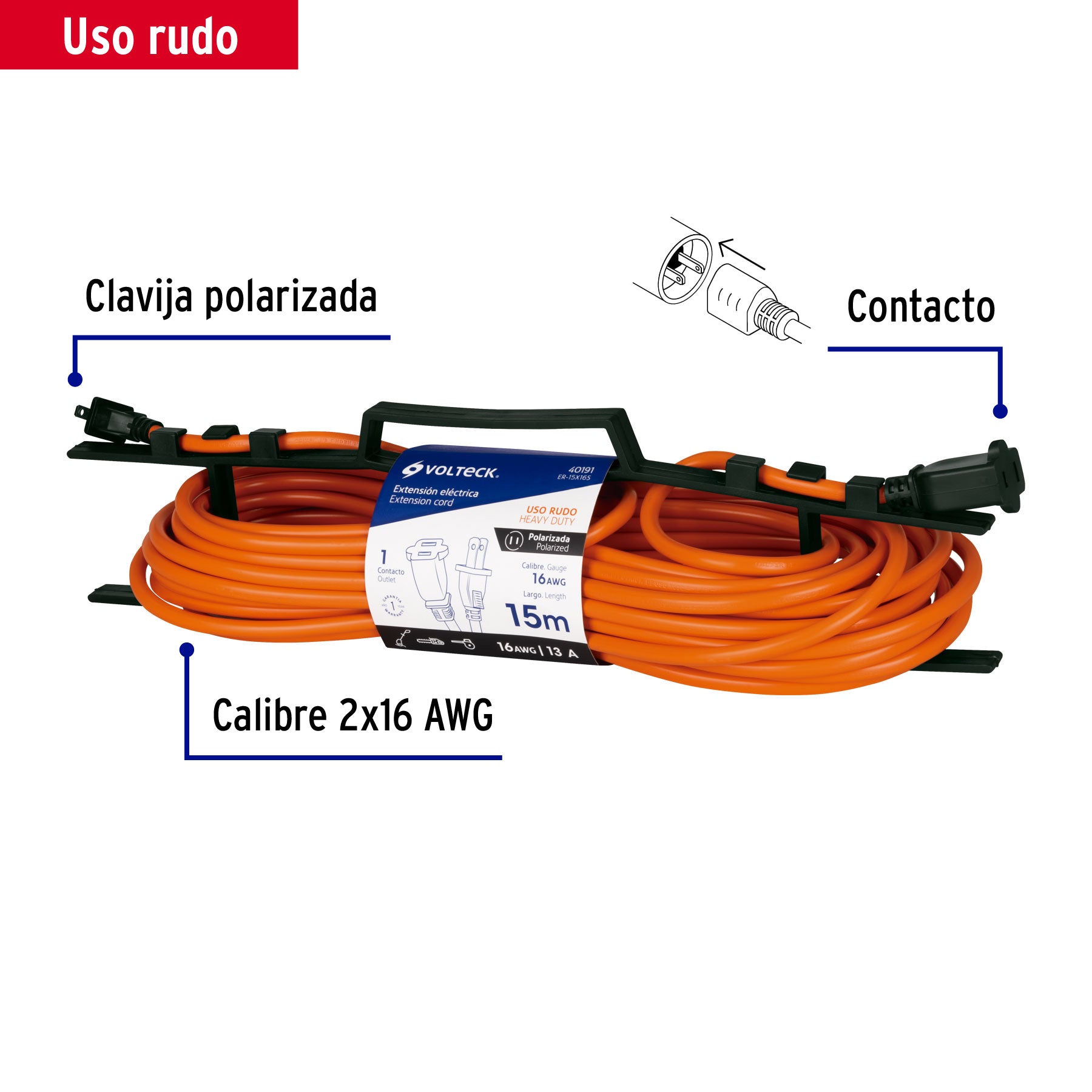 Extensión eléctrica uso rudo 15 m 2x16 AWG para 1 clavija, 40191