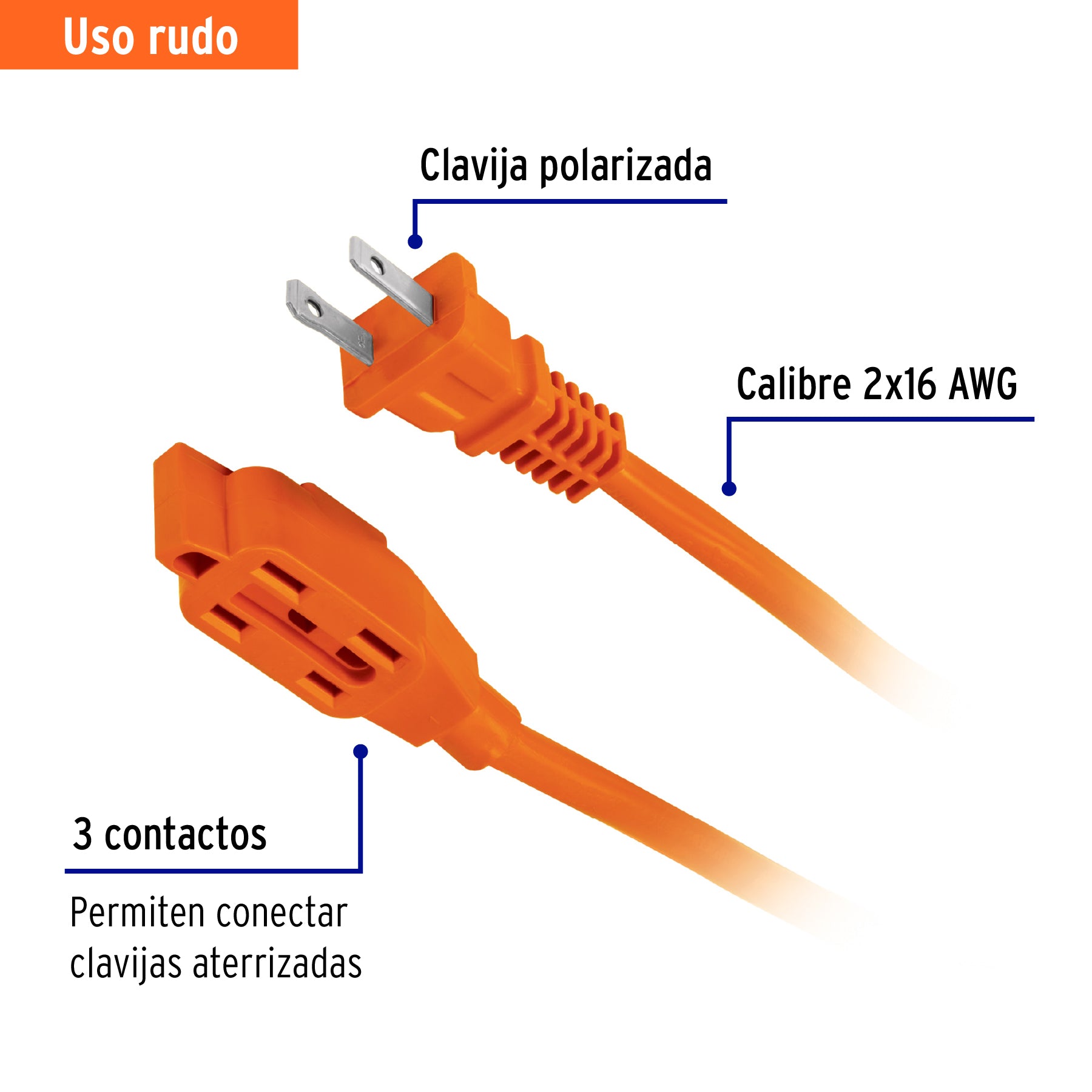 Extensión eléctrica de uso rudo 15 m 2x16 AWG, Volteck, 48048