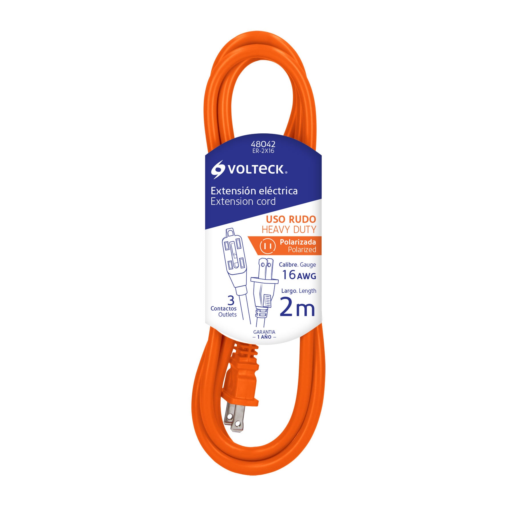 Extensión eléctrica de uso rudo 2 m 2x16 AWG, Volteck, 48042