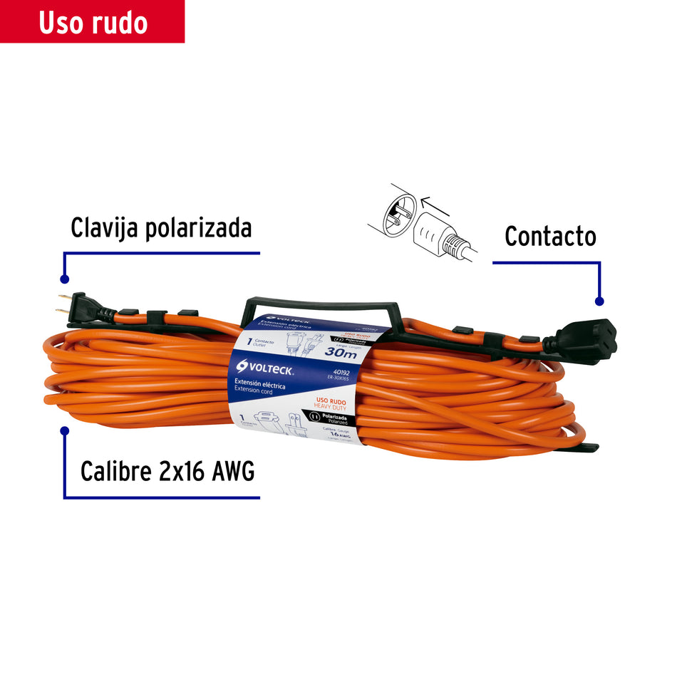 Extensión eléctrica uso rudo 30 m 2x16 AWG para 1 clavija Caja con 2, 40192