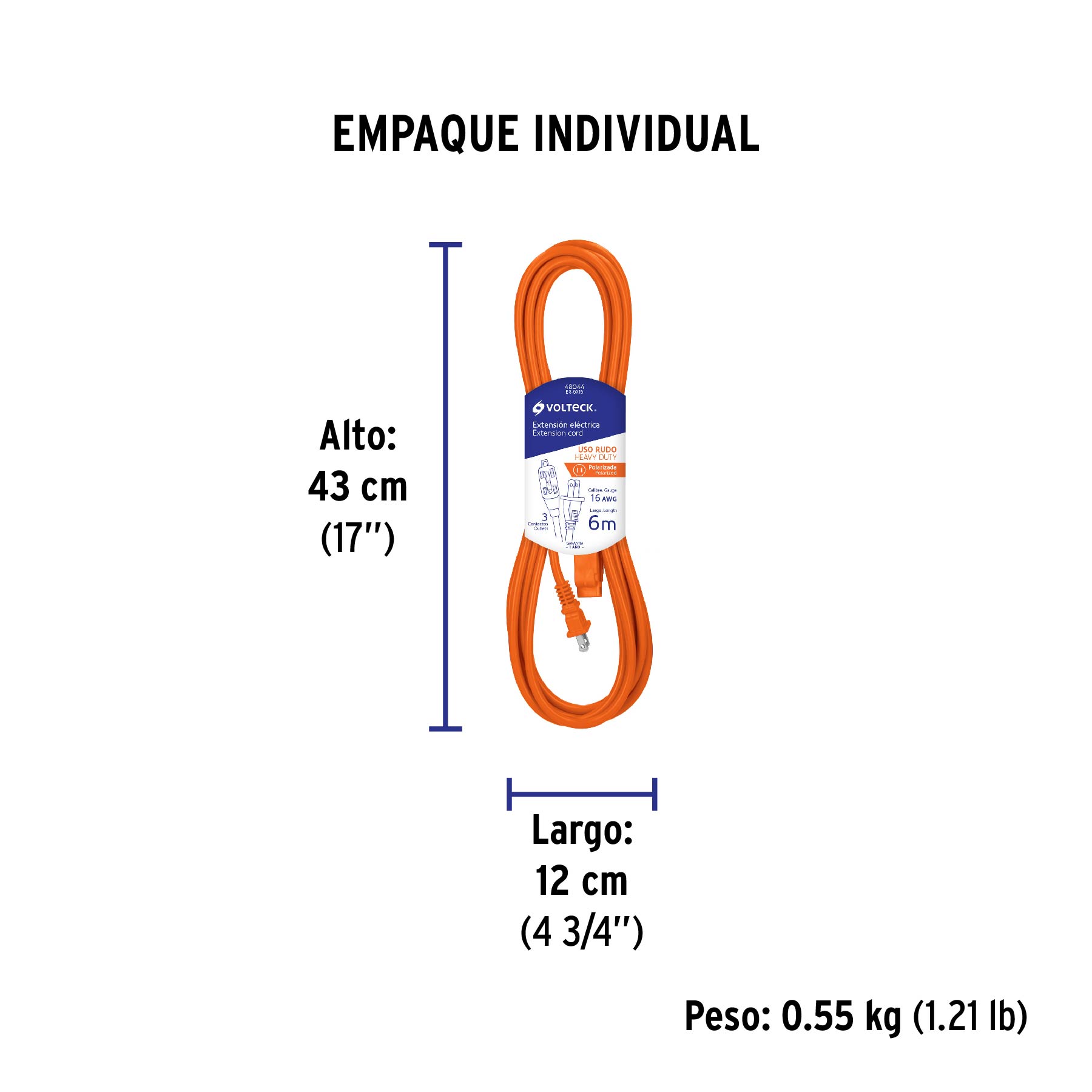 Extensión eléctrica de uso rudo 6 m 2x16 AWG, Volteck, 48044