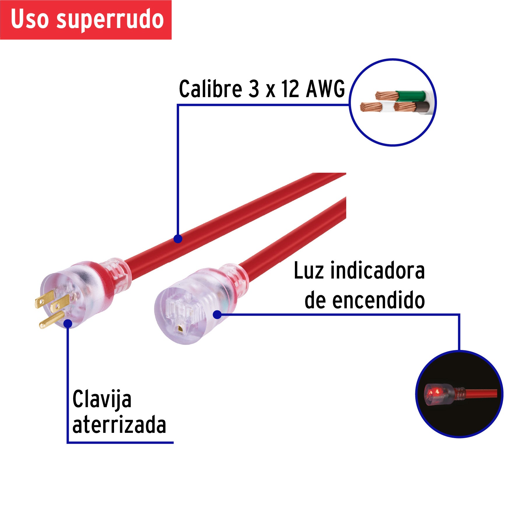 Extensión reforzada aterrizada 10 m 3x12 AWG, Volteck, 46554