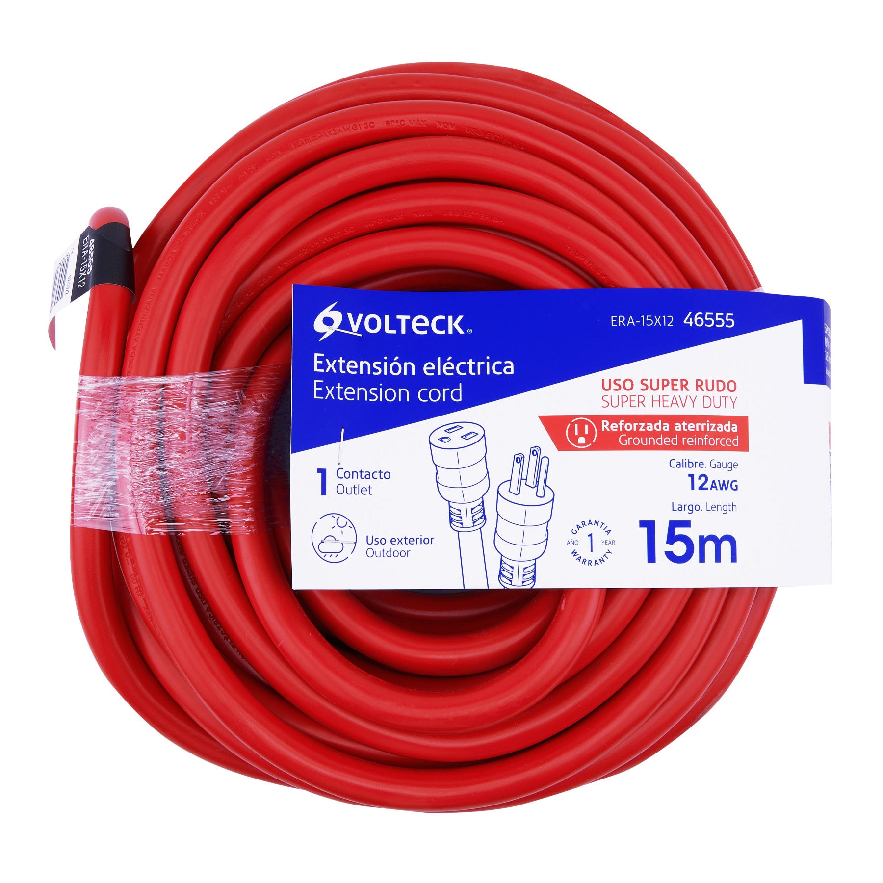 Extensión reforzada aterrizada 15 m 3x12 AWG, Volteck, 46555