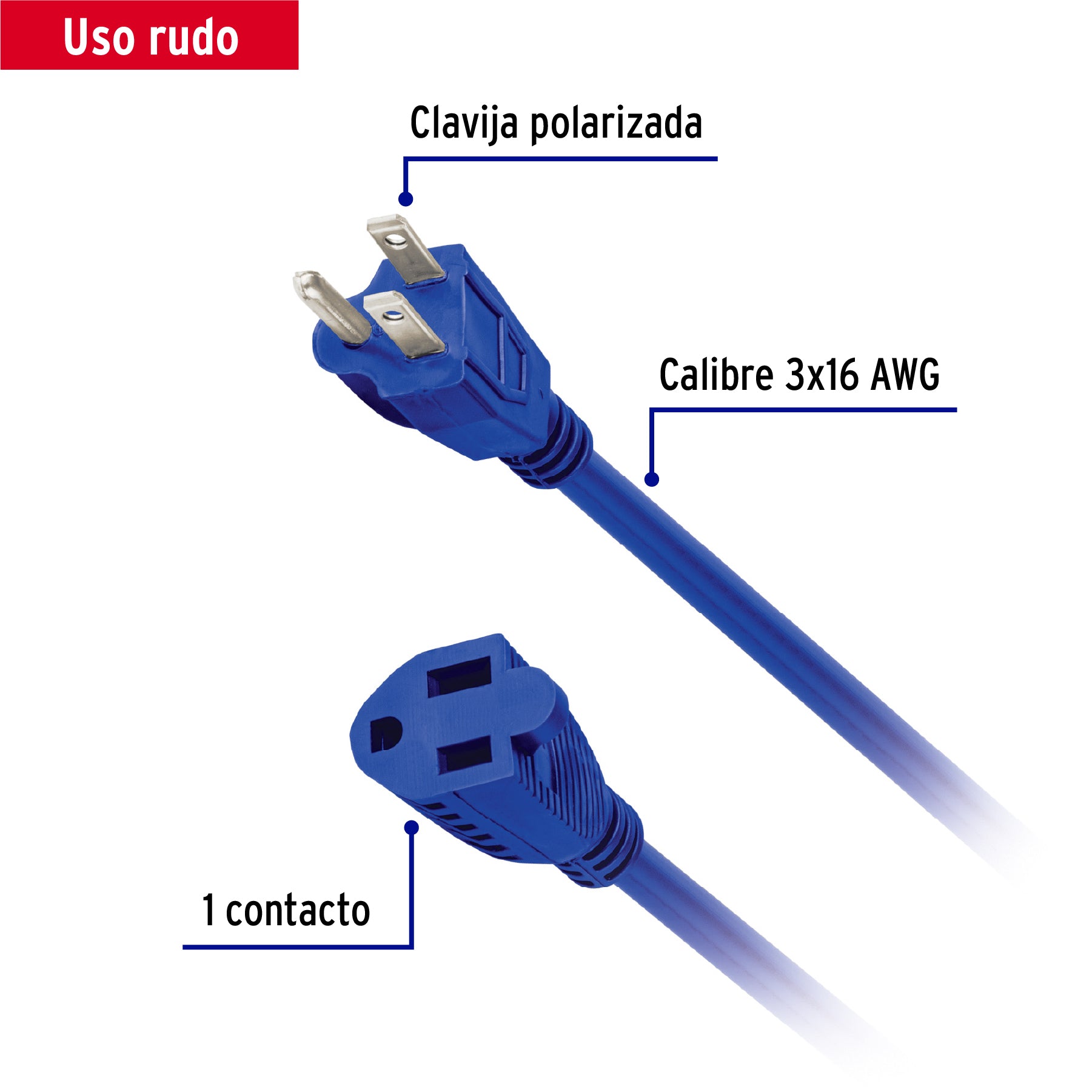 Extensión de uso rudo aterrizada 15 m 3x16 AWG, Volteck, 48059