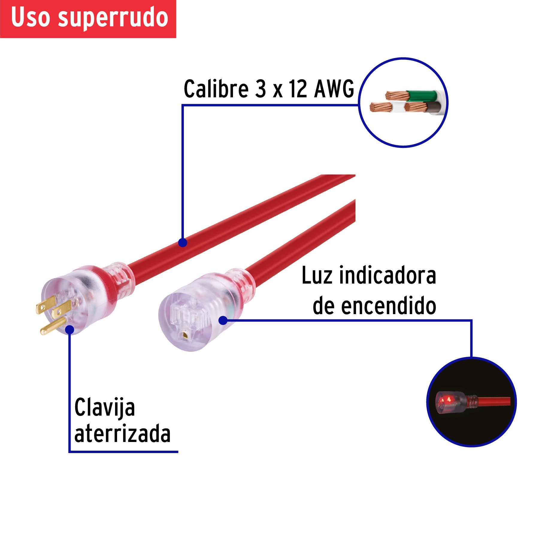 Extensión reforzada aterrizada 20 m 3x12 AWG, Volteck, 46556