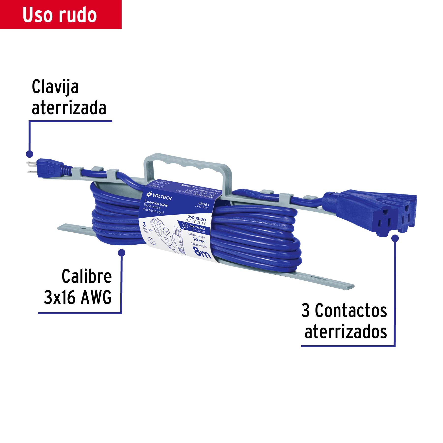 Extensión triple uso rudo 8 m tipo abanico 3x16 AWG, Volteck, 48063