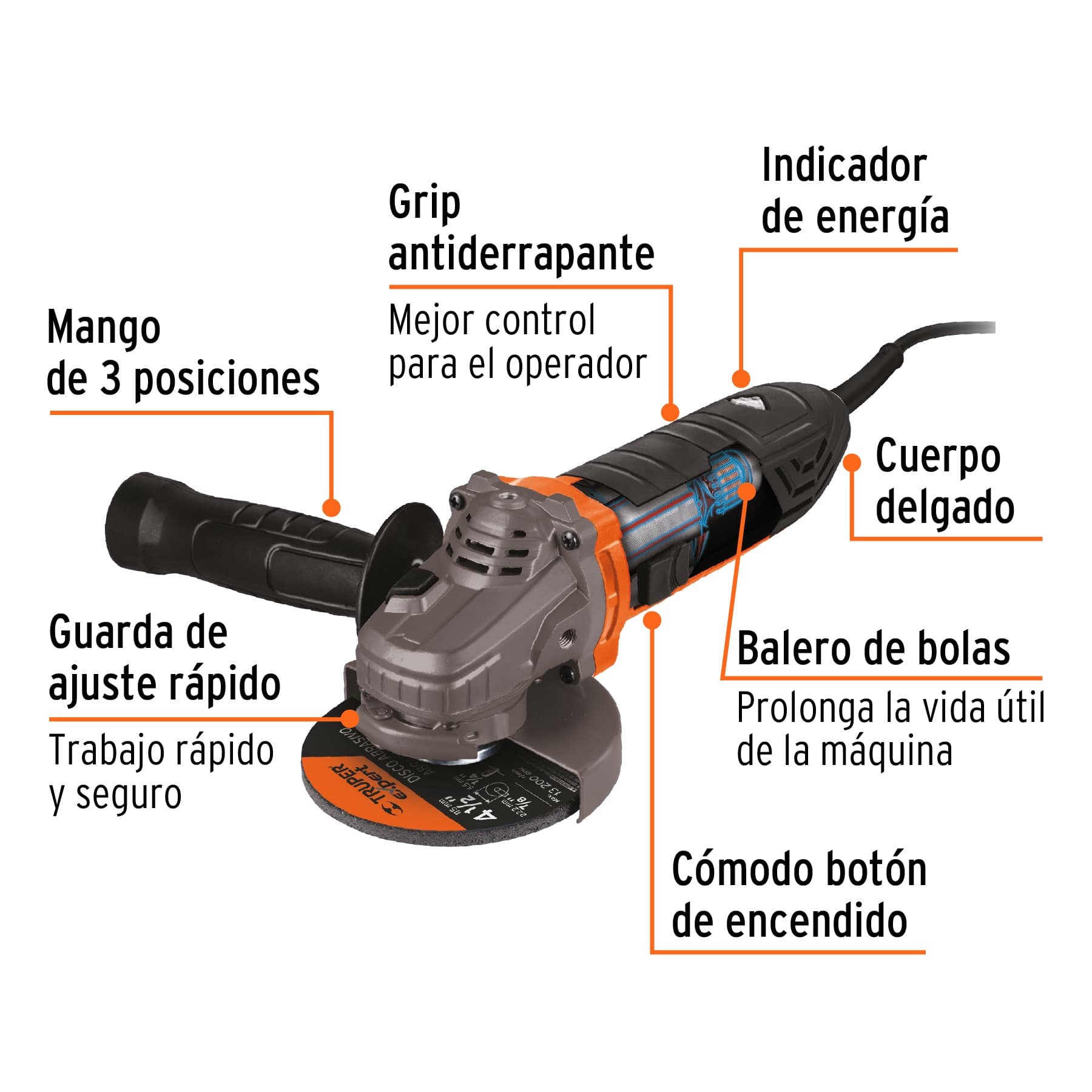 Esmeriladora angular 4-1/2', 1100W, TRUPER ERGO PRO, 100901