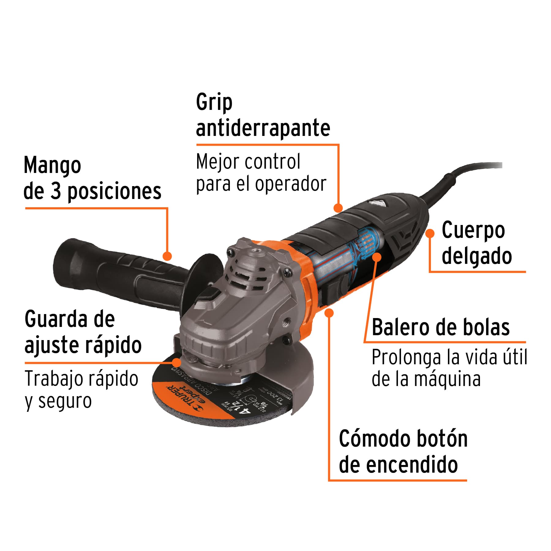 Esmeriladora angular 4-1/2', 750W, TRUPER ERGO PRO, 13931