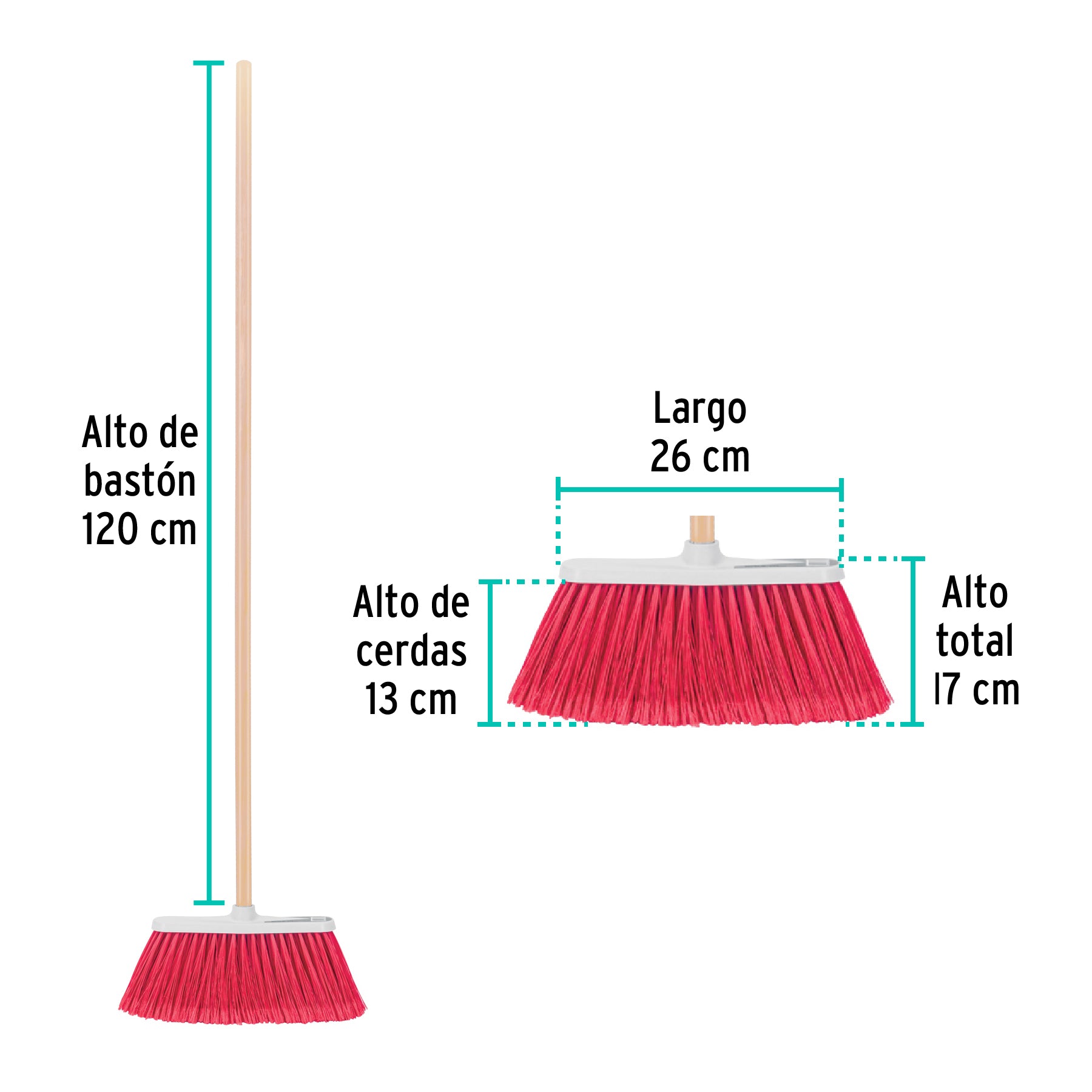 Escoba mediana tipo cepillo, cerdas de PVC, bastón de madera, 57054