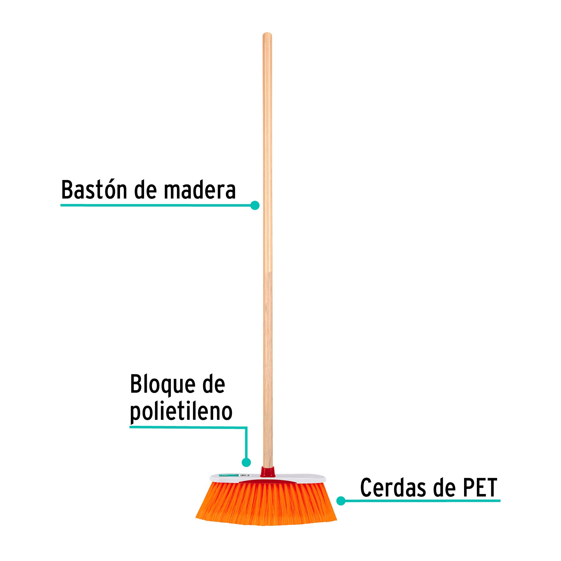 Escoba estándar cerdas de PET extra suaves, bastón de madera, 57030