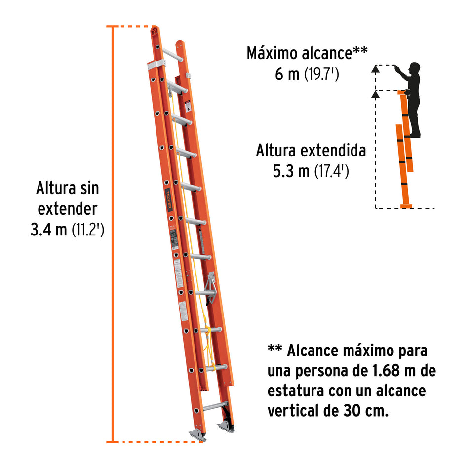 Escalera de extensión, tipo II, 20 peldaños, fibra de vidrio, 100228